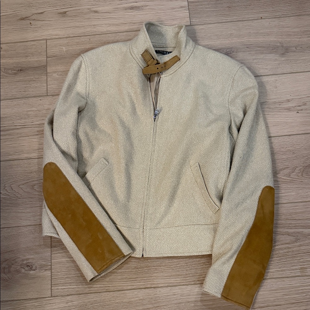 Ralph Lauren Cream Textured Zip Jacket with Tan Buckle Detail